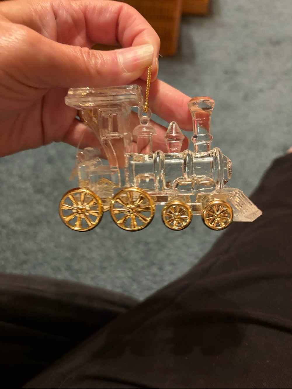 Clear Lucite Train Ornament with Gold Wheels
